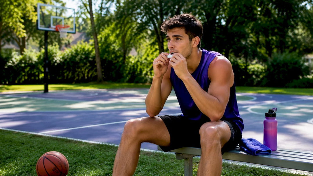 Athlete fitting perforated mouth guard on basketball court bench
