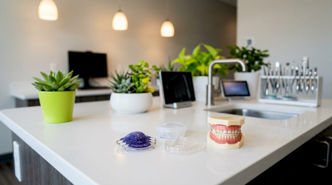 Various dental retainers on dentist countertop