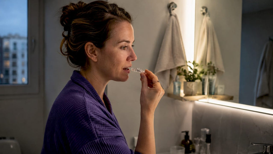 Woman preparing to wear nighttime retainer in bedroom