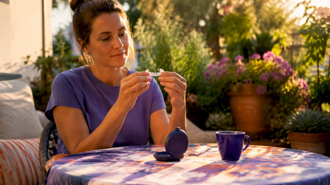 Woman inspecting removable dental retainer