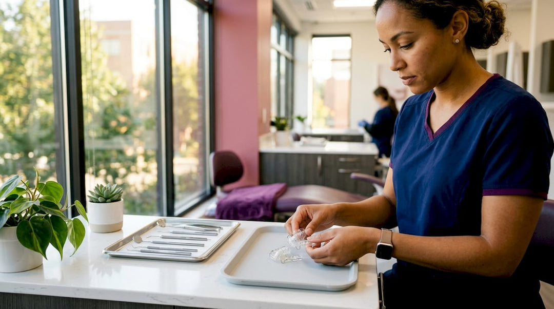 Hands holding Hawley retainer model in dental clinic