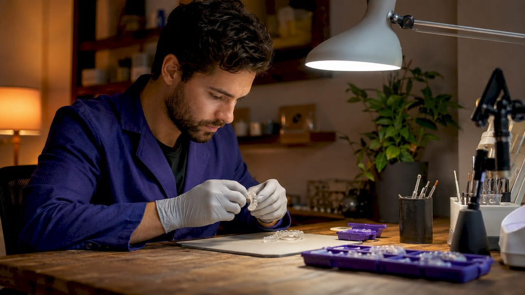 Dental technician inspecting custom fit mouth guard mold
