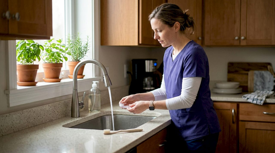 Person rinsing mouth guard under bathroom sink
