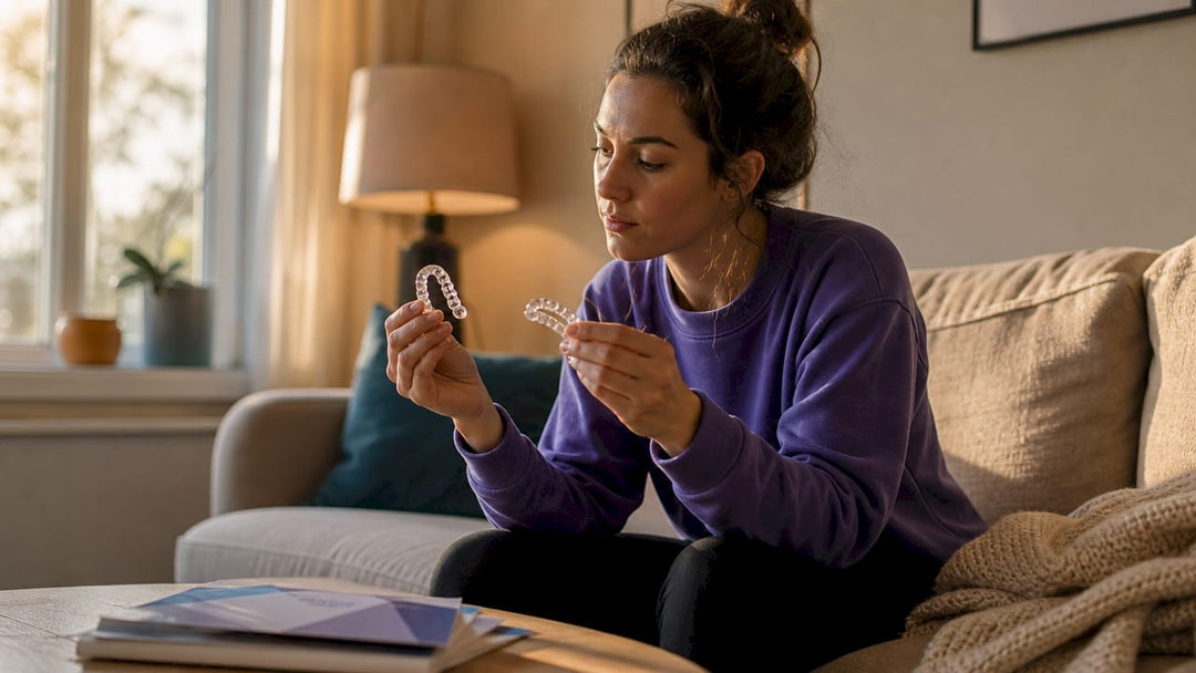 Woman comparing dental retainer and aligner