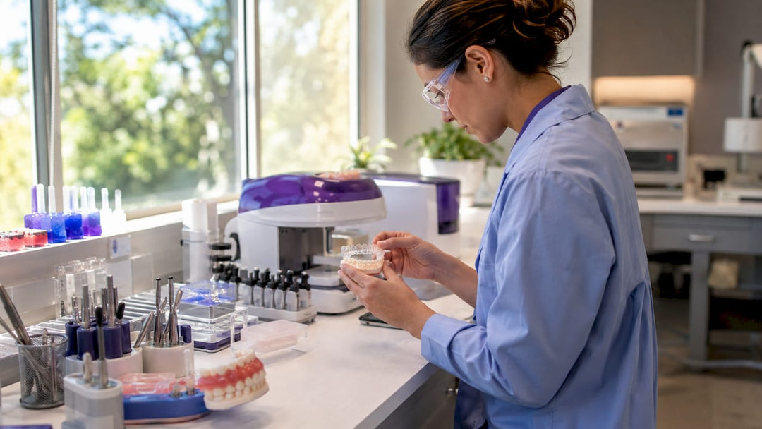 Dental technician inspecting thermoplastic retainer