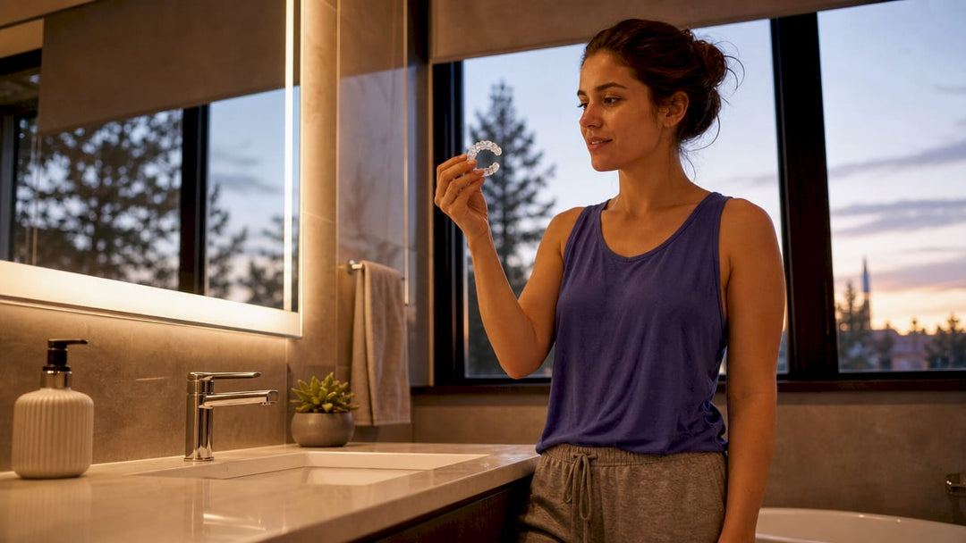 Woman inspecting worn dental retainer at kitchen table