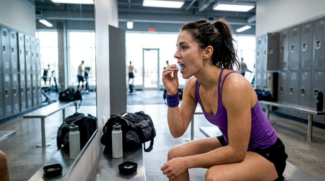 Athlete fitting custom sports mouthguard in locker room