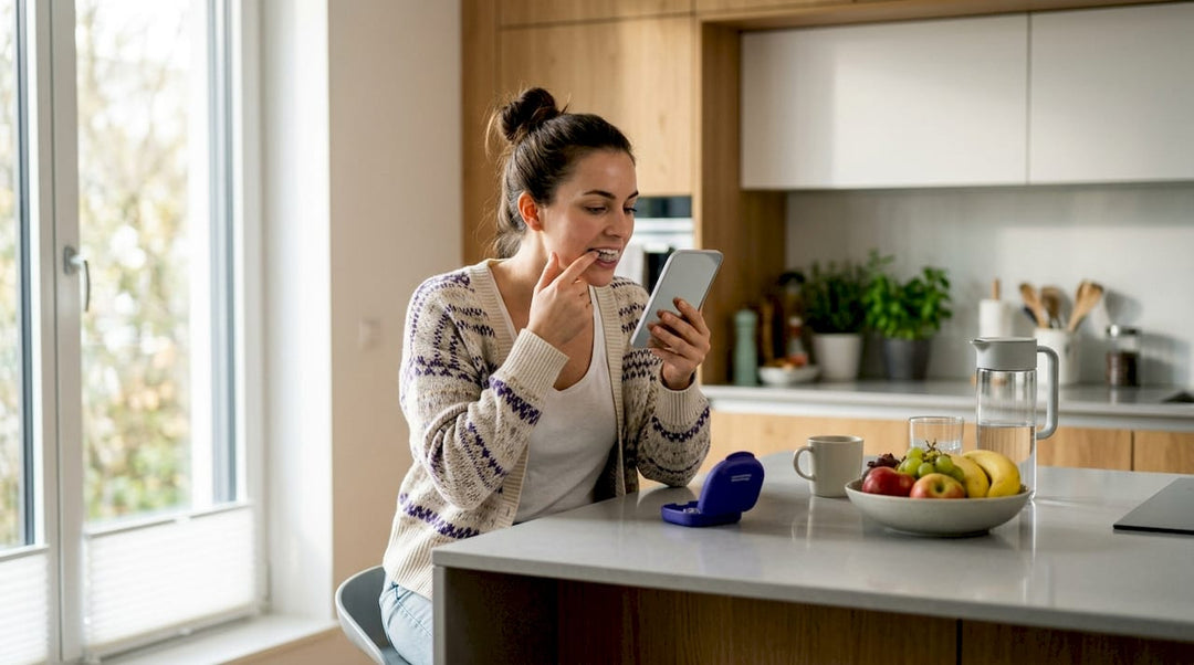 Woman putting in tight dental retainer in bathroom