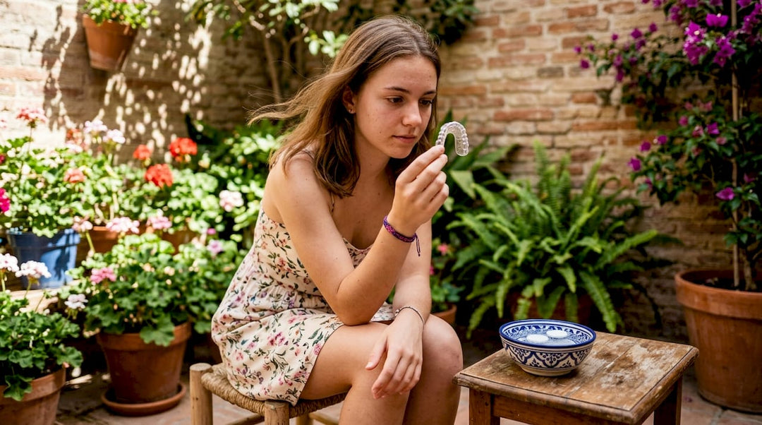 Woman examining retainer with cleaning solution