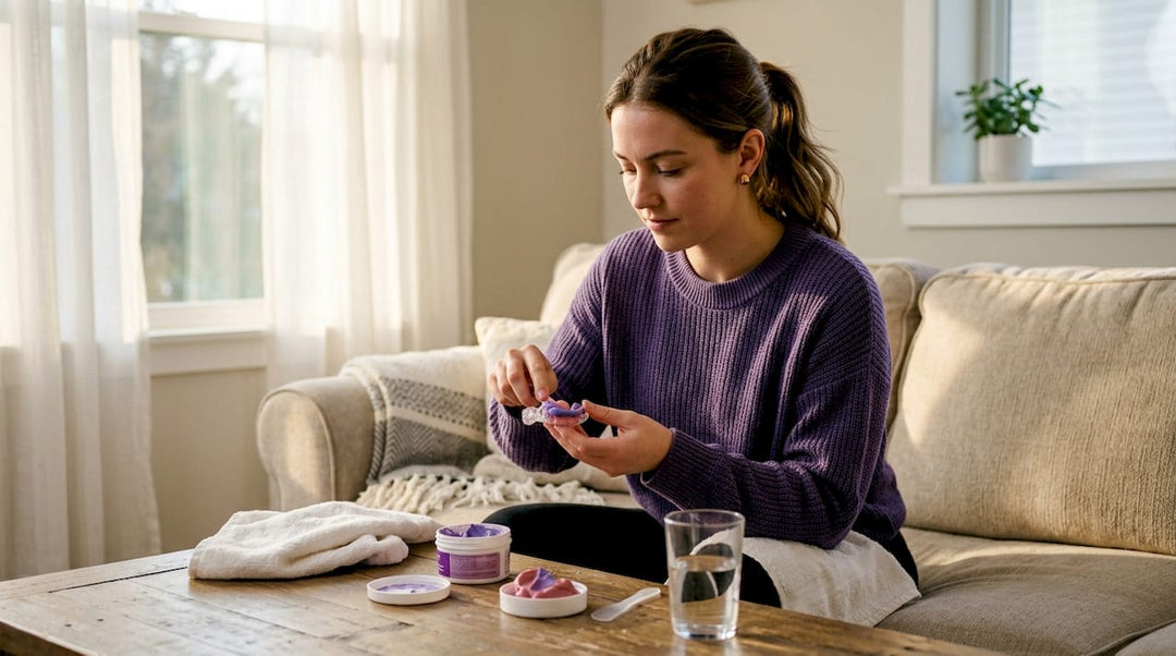 Person making dental retainer impression at kitchen table