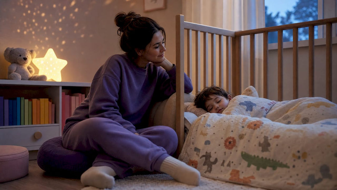 Mother watching sleeping child with calm bedroom lighting