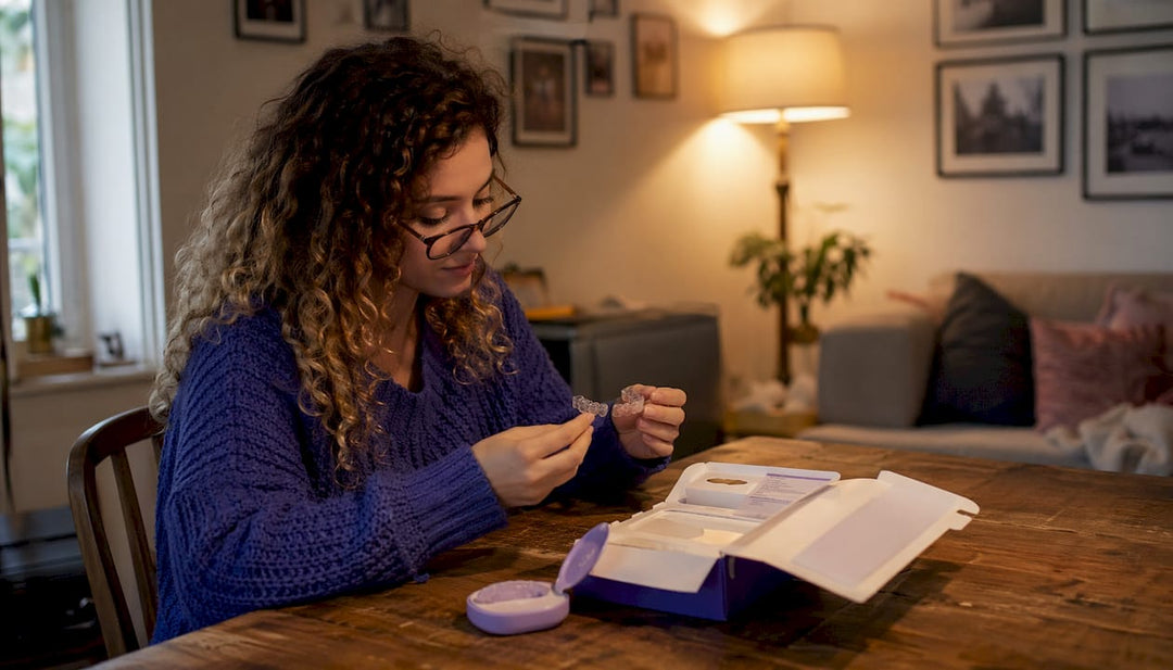 Woman examining Essix retainer at kitchen table