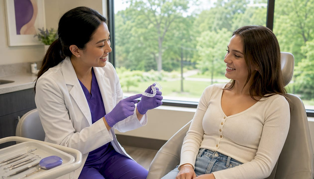 Dentist showing guard retainer appliance to patient