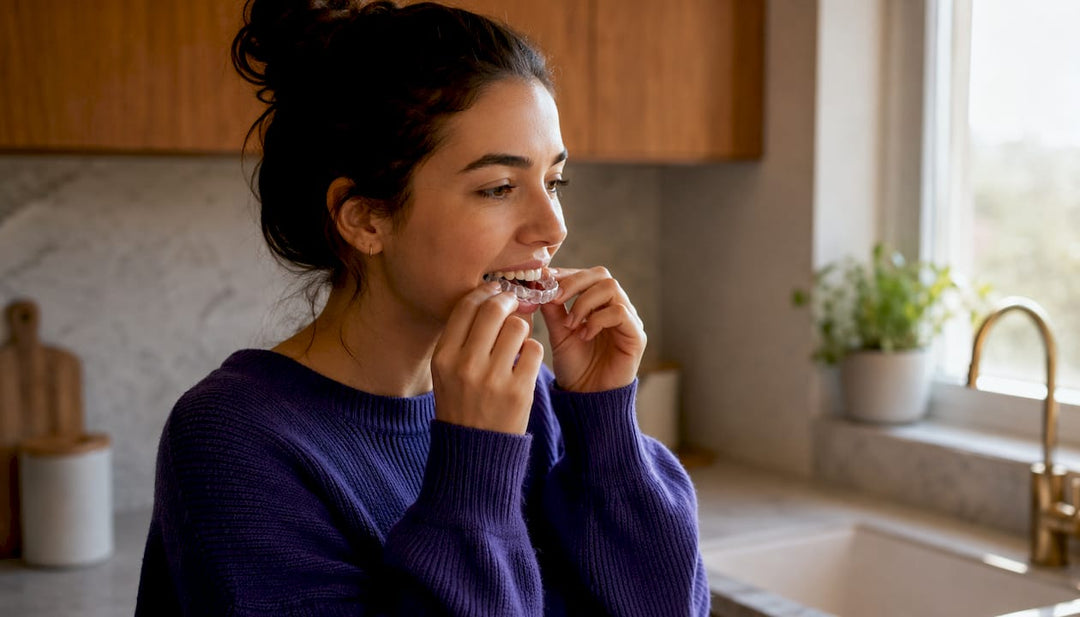 Hands removing dental retainer in home bathroom