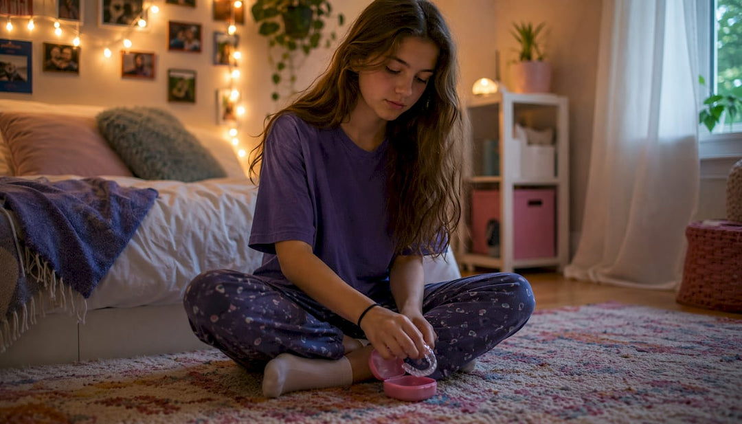 Teen placing retainer into case at bedtime