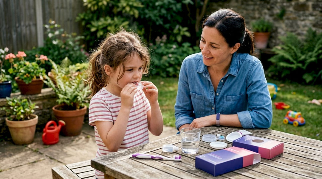 Child using at-home dental care kit with parent nearby