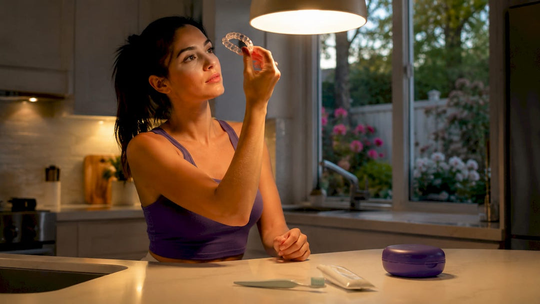 Woman inspecting mouth guard by window light