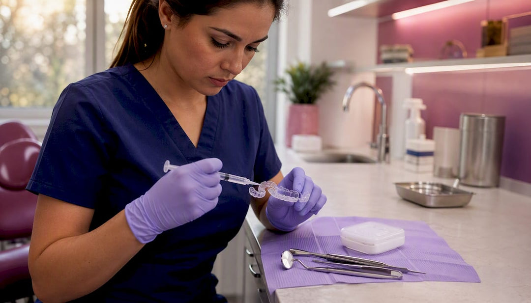 Dentist preparing whitening tray in clinic
