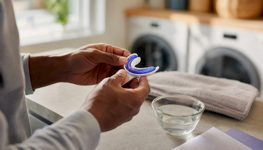 Hands holding dental impression tray with putty