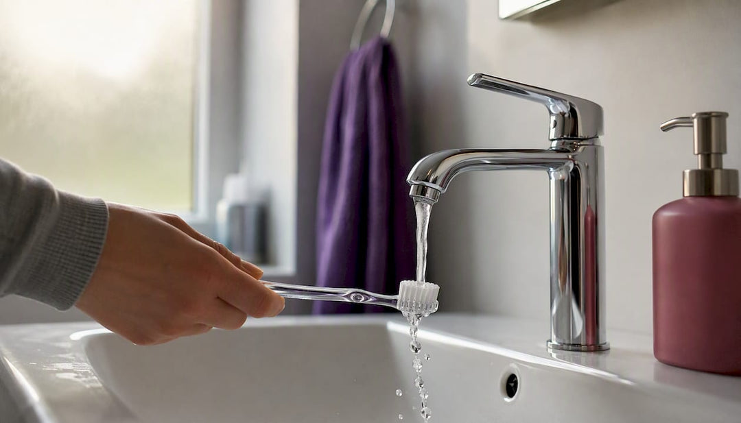Rinsing toothbrush bristles under faucet