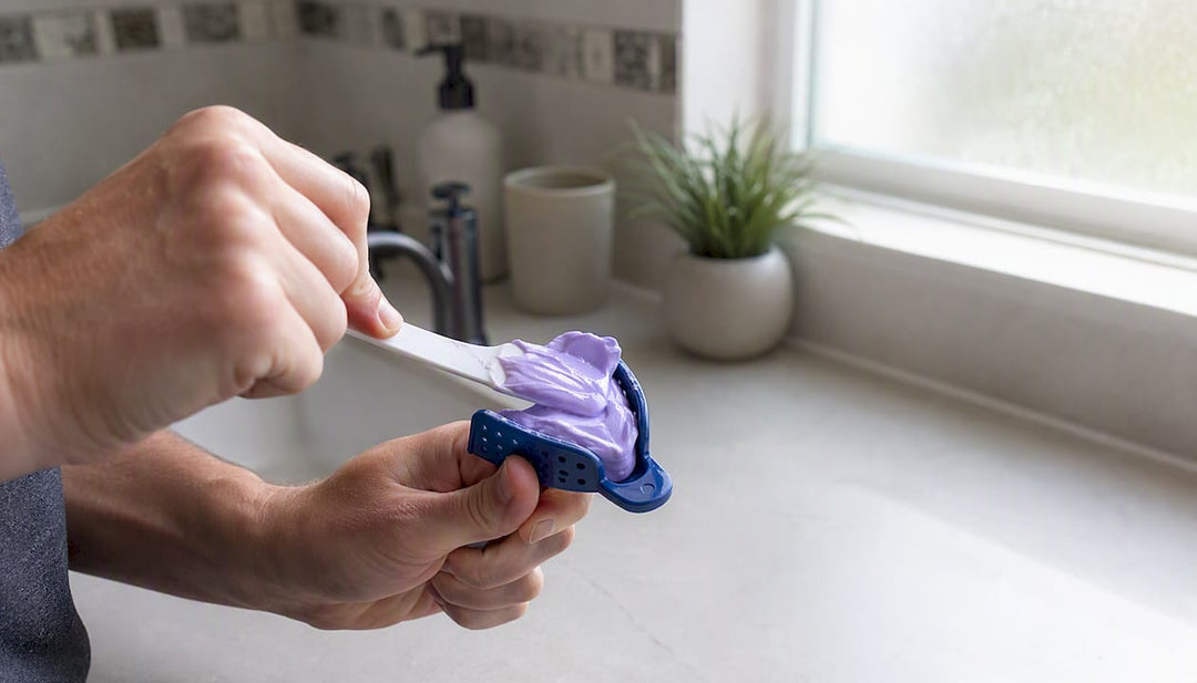 Hands filling dental impression tray