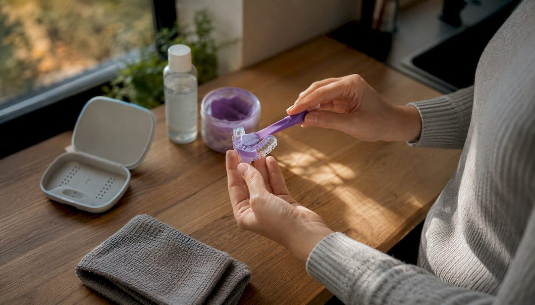 Hands filling dental impression tray with putty