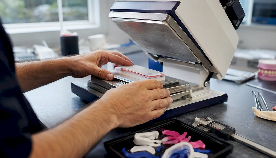 Technician pressing mouth guard material on dental model