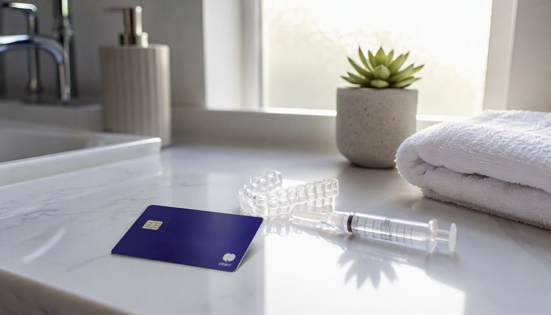 HSA card beside teeth whitening kit on bathroom counter
