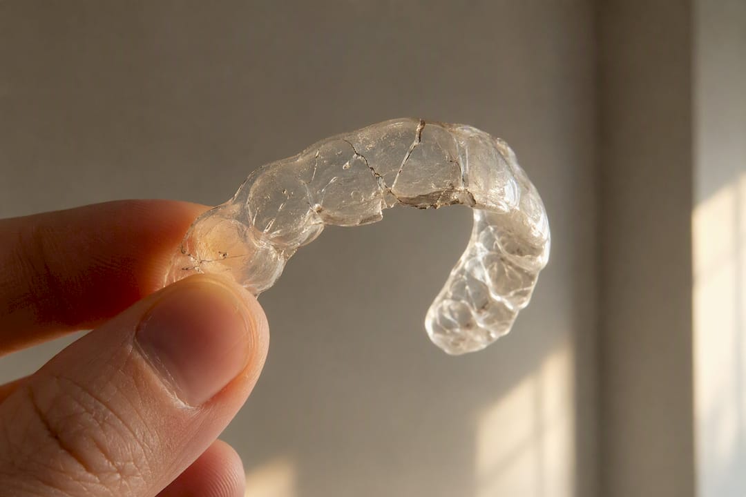 Close-up of cracked night guard held by hand