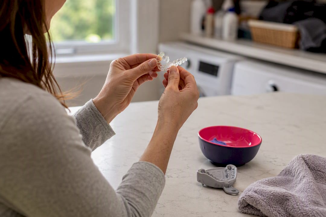 Parent inspecting lost dental retainer in bathroom