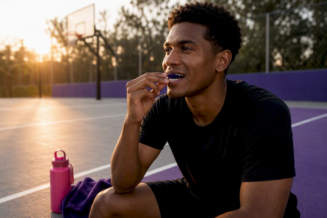 Athlete preparing mouthguard on basketball court