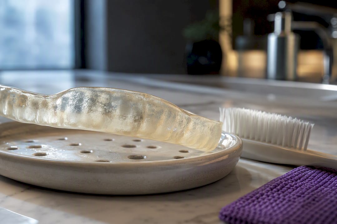 Yellowing night guard drying beside cleaning brush