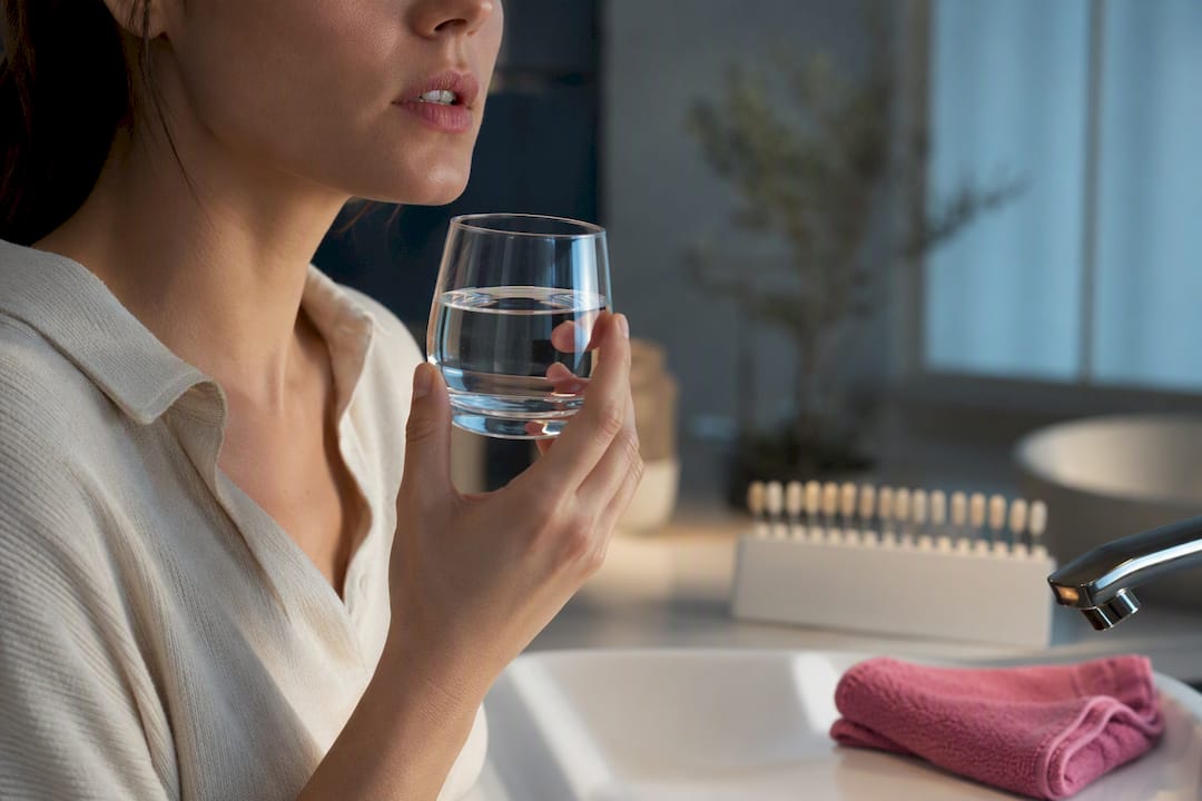 Adult pausing with cool water after whitening