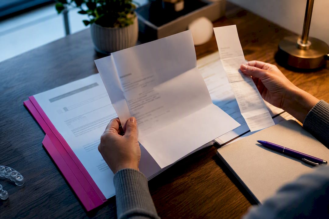 Hands organizing night guard reimbursement documents