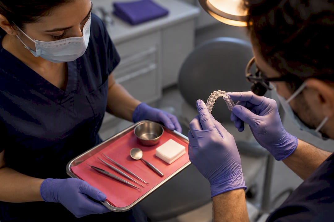 Clinicians examining retainer during checkup
